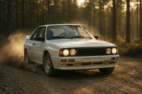 Weißes kantiges Rallye-Coupé der 1980er driftet auf Schotter durch einen Nadelwald