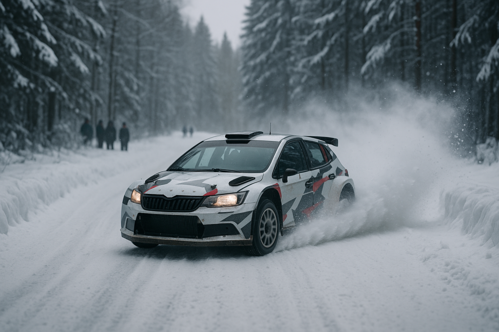 Rallyeauto quer auf verschneiter Waldstraße mit hohen Schneewänden