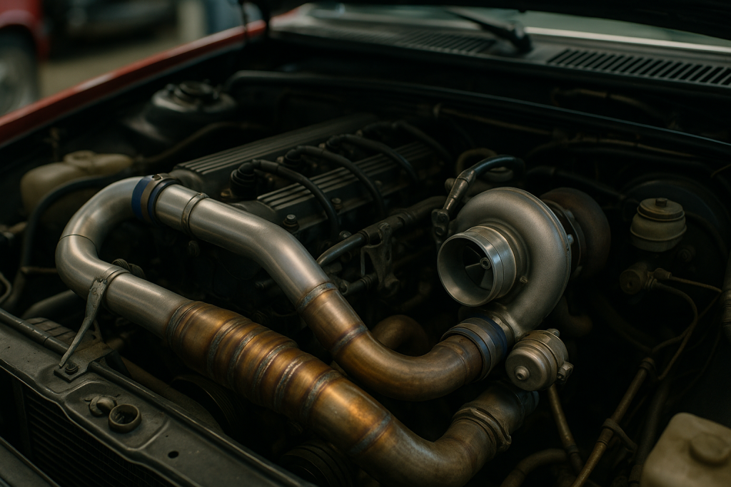 Motorraum eines aufgeladenen Fünfzylinders mit Ladeluftrohren und verfärbtem Krümmer