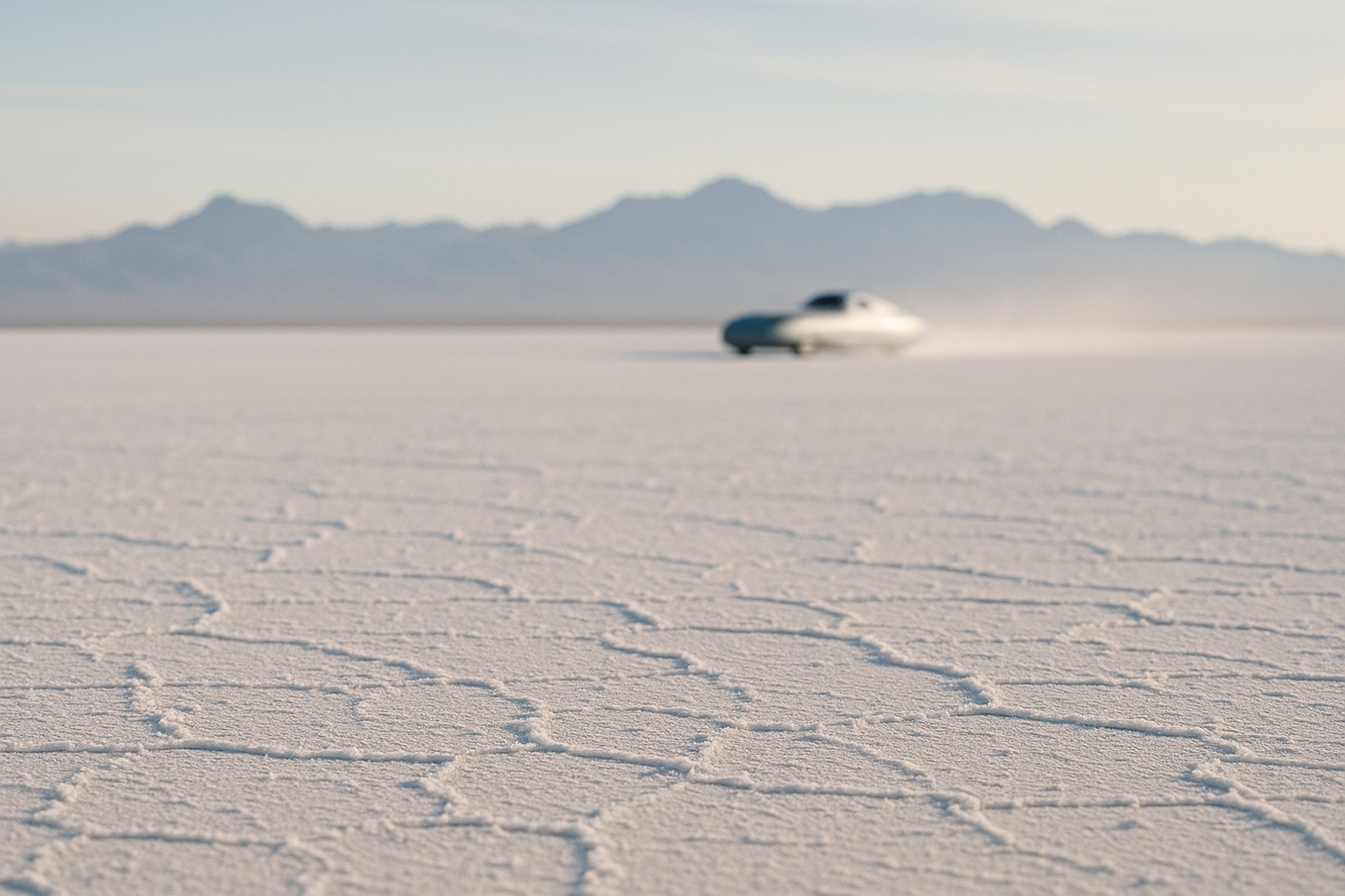 Weite weiße Salzfläche mit fernem Streamliner und Bergkette am Horizont