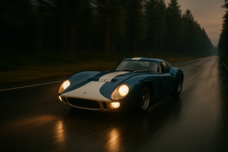 Blau-weißer Rennsportwagen der 1960er Jahre auf einer langen Geraden in der Dämmerung