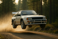 Kantiger Rallyewagen der 80er Jahre springt über eine Schotterkuppe im Wald