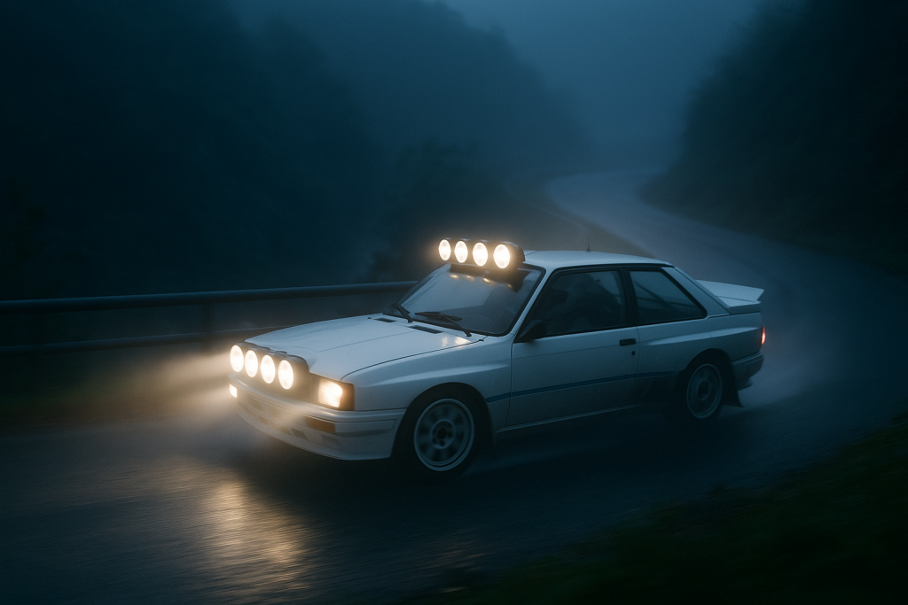 Rallyeauto mit Zusatzscheinwerfern auf nächtlicher Bergstraße im Nebel