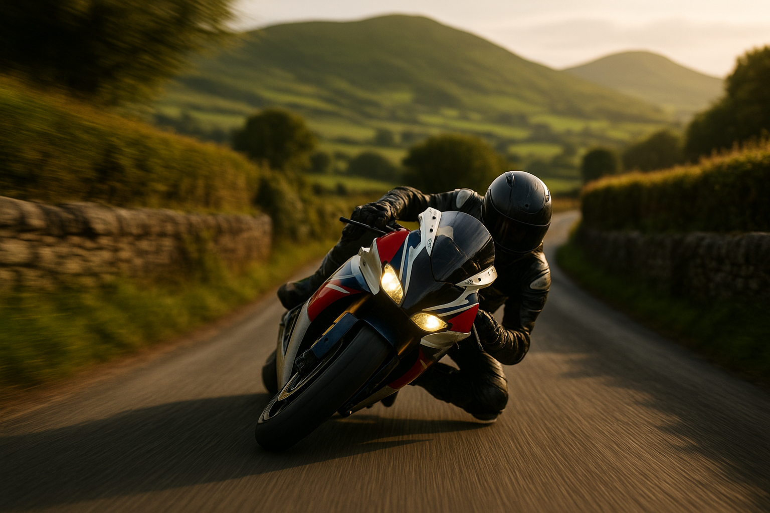 Rennmotorrad in Schräglage auf enger Landstraße zwischen Steinmauern und Hecken