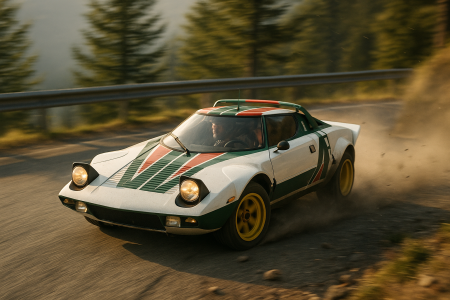 Keilförmiger Rallyewagen der Siebziger quer in einer Bergkehre auf Asphalt