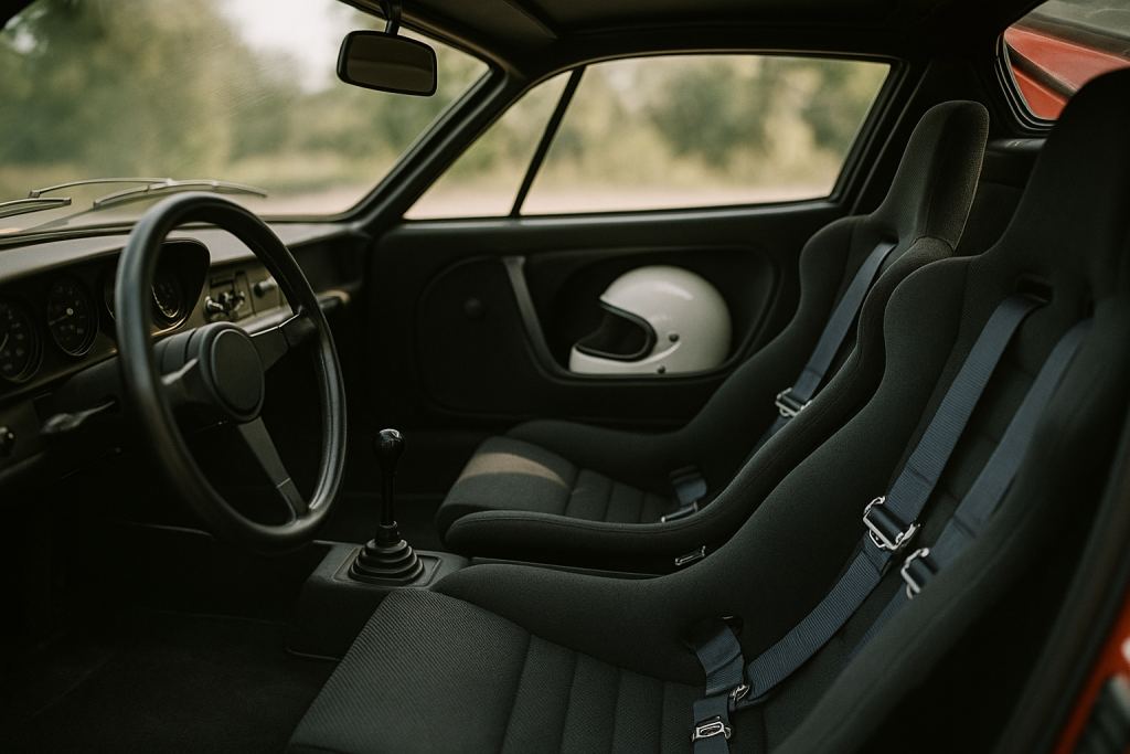 Cockpit eines Rallyeautos der Siebziger mit Schalensitzen und Helmfach in der Tür
