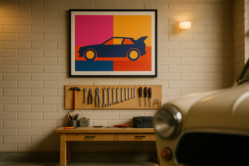 Großformatiges Wandbild mit Rallyeauto-Silhouette an einer Garagenwand über einer Werkbank