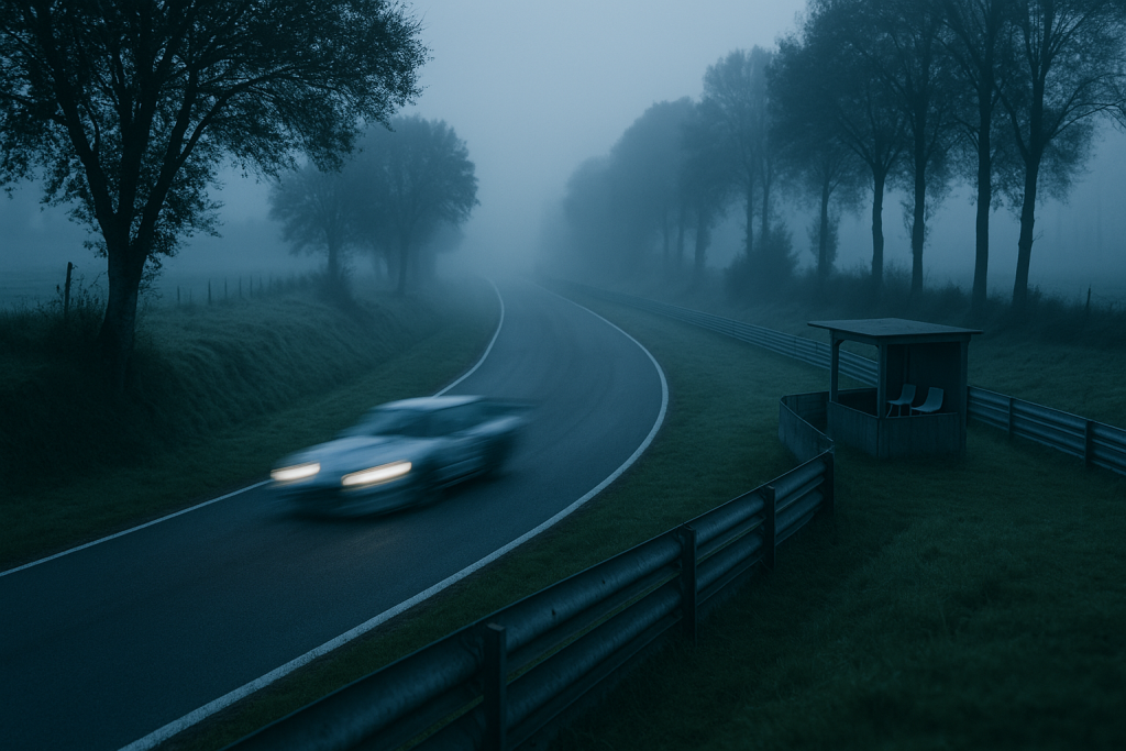 Nebel über einer Landstraßen-Rennstrecke im Morgengrauen mit vorbeifahrendem Rennwagen
