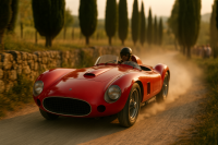 Roter offener Sportwagen der 1950er Jahre auf enger italienischer Landstraße mit Zypressen