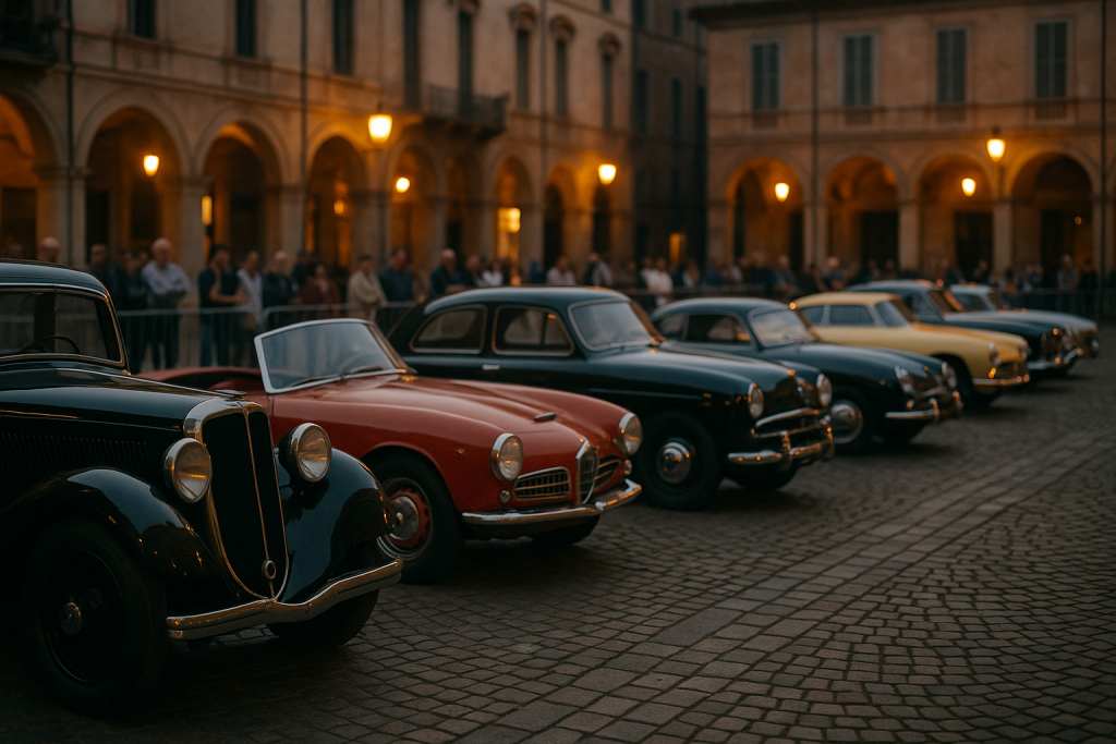 Klassische Vorkriegs- und Fünfzigerjahre-Autos abends auf einer italienischen Piazza