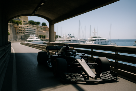 Rennwagen verlaesst den Tunnel an der Hafenstrecke von Monaco