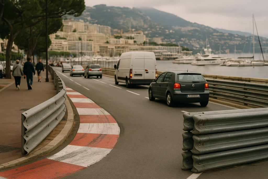 Hafenstrasse in Monaco im Alltag mit sichtbaren Randsteinen der Rennstrecke