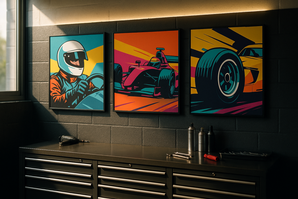 Garagenwand mit drei großformatigen Motorsport-Wandbildern über einem Werkzeugschrank