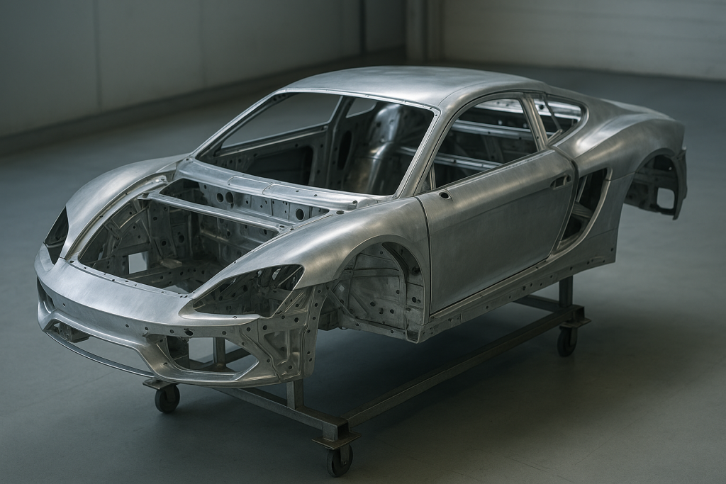 Unlackierte Aluminium-Rohkarosserie eines Mittelmotor-Sportwagens auf einem Werkstattbock
