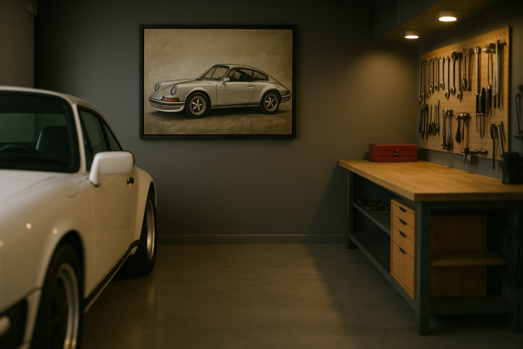 Garageninnenraum mit großformatigem Fahrzeugmotiv an dunkler Wand und Werkbank