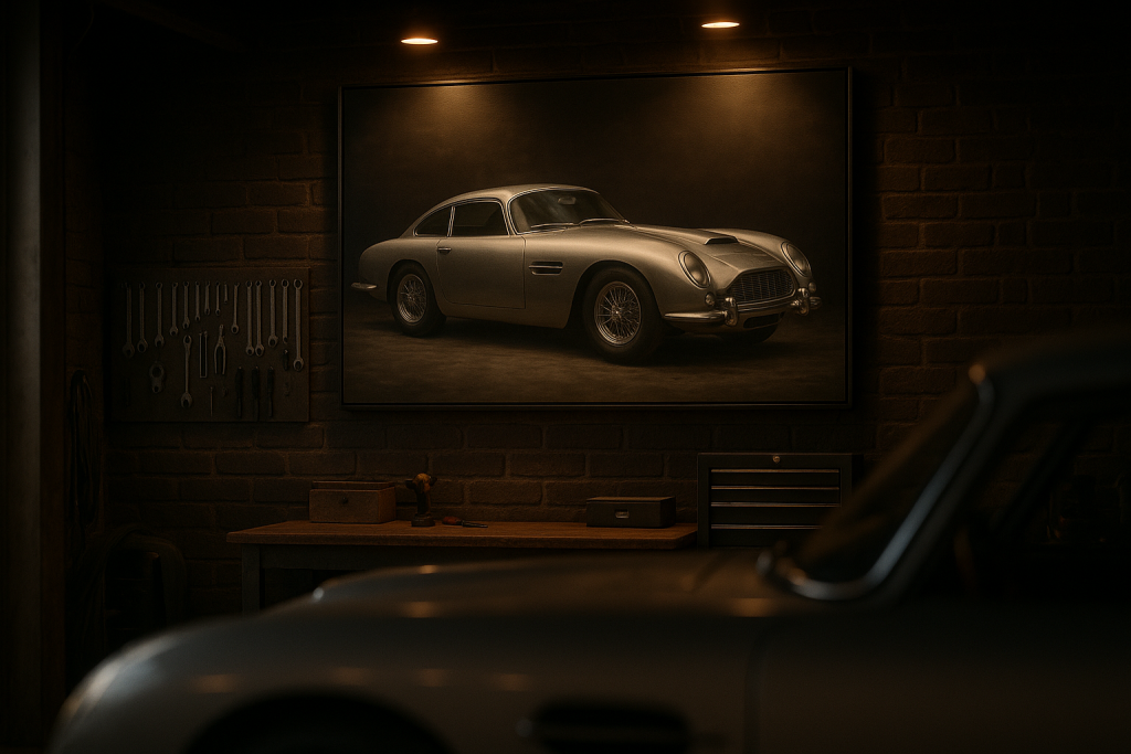 Großes Wandbild mit klassischem Sportwagenmotiv an einer dunklen Backsteinwand in einer Garage