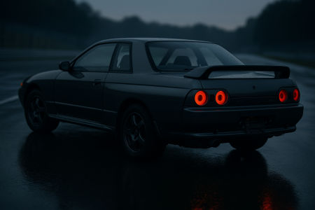 Kantiges japanisches Sportcoupe der frühen 90er von hinten auf nasser Rennstrecke