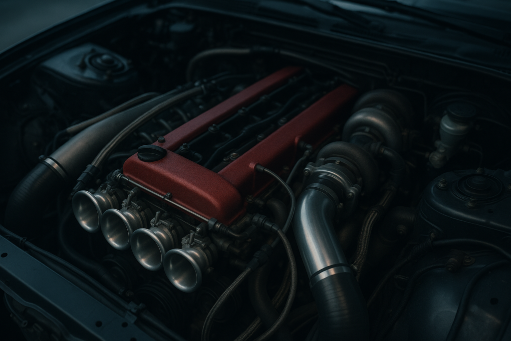 Reihensechszylinder mit sechs Einzeldrosselklappen und rotem Ventildeckel im Motorraum