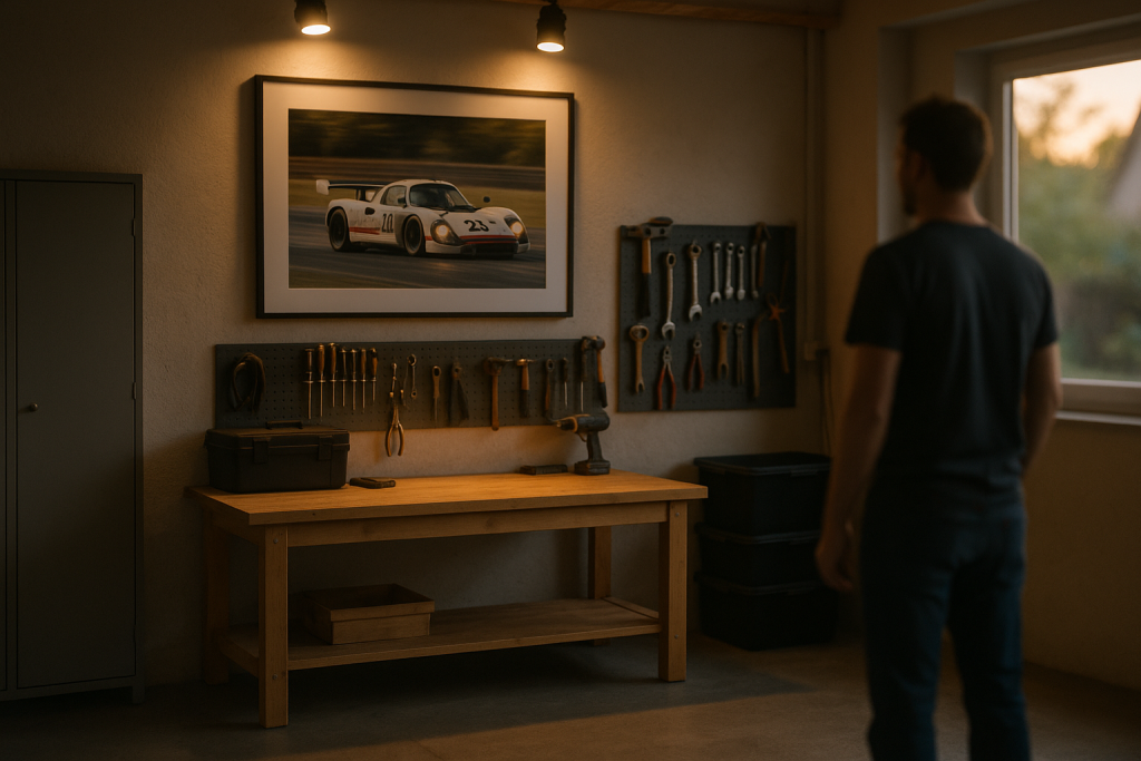 Garage mit Werkbank und grossformatigem Automotive-Wandbild über der Arbeitsfläche