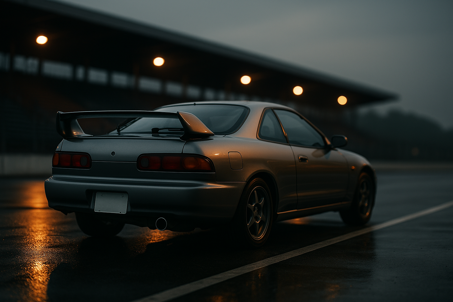 Japanisches Sportcoupe der Neunziger mit Heckflügel in der Boxengasse bei Dämmerung