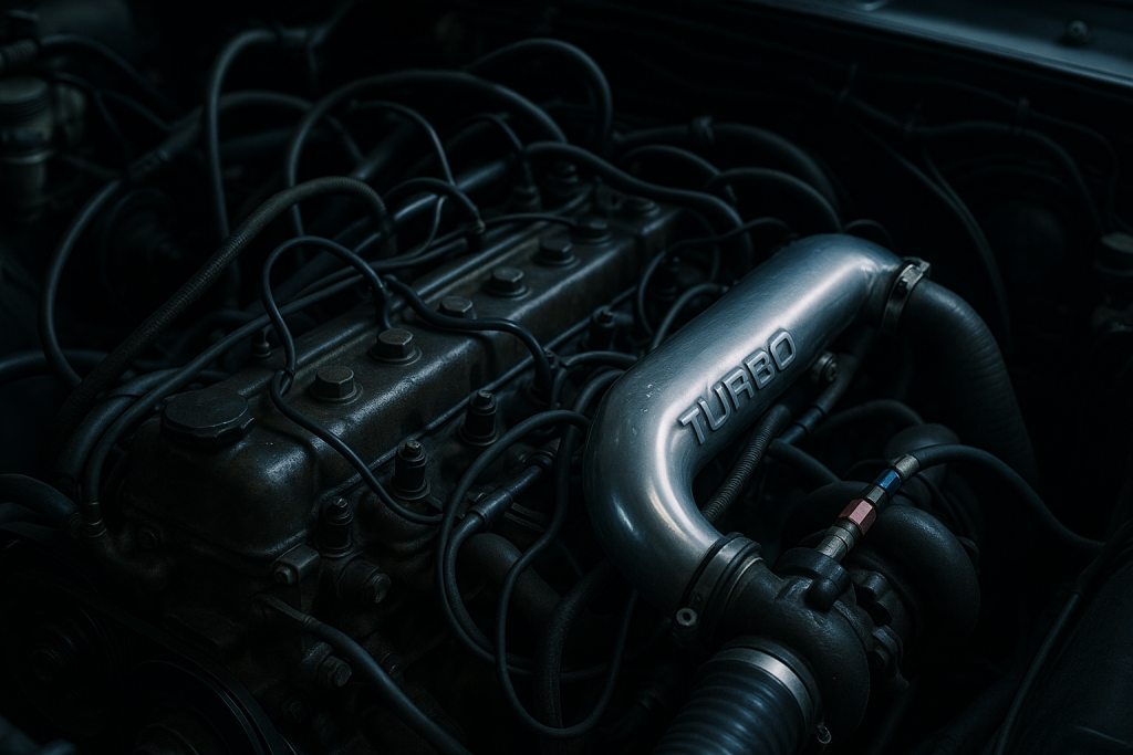 Motorraum eines Reihensechszylinders mit Turboaufladung und Ansaugbrücke von oben