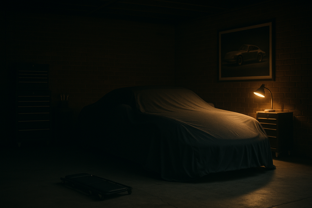 Private Garage bei Nacht mit abgedecktem Sportwagen und großem Wandbild an der Ziegelwand