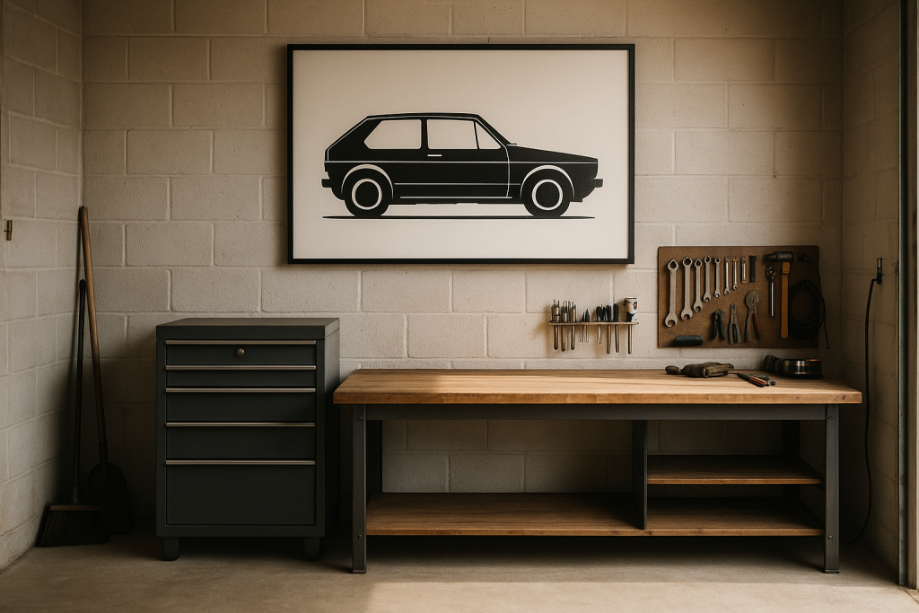 Garagenwand mit Werkbank und großformatigem Wandbild eines klassischen Kompaktsportwagens